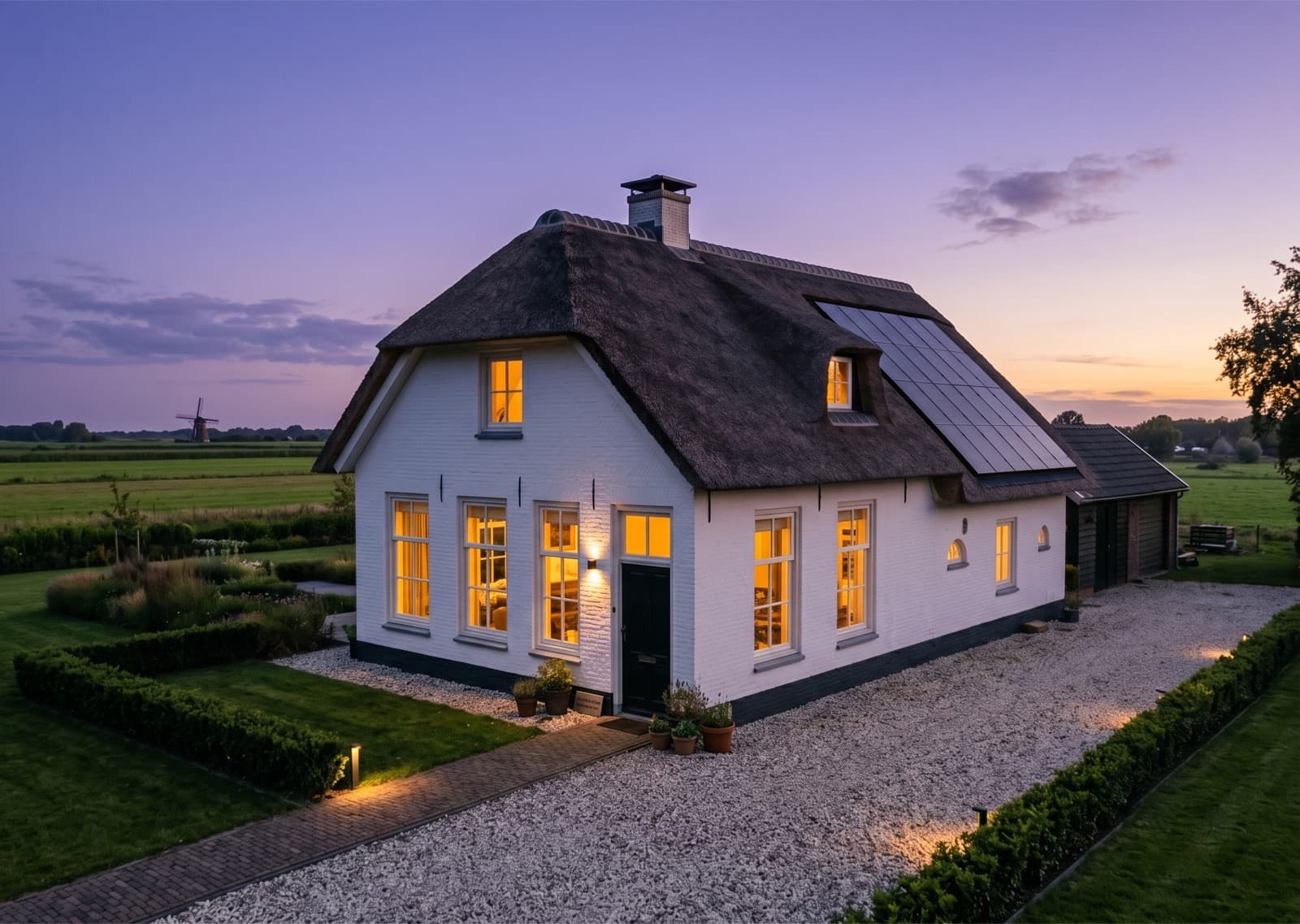 Gerenoveerde woning met rieten dak en zonnepanelen in de avondschemering