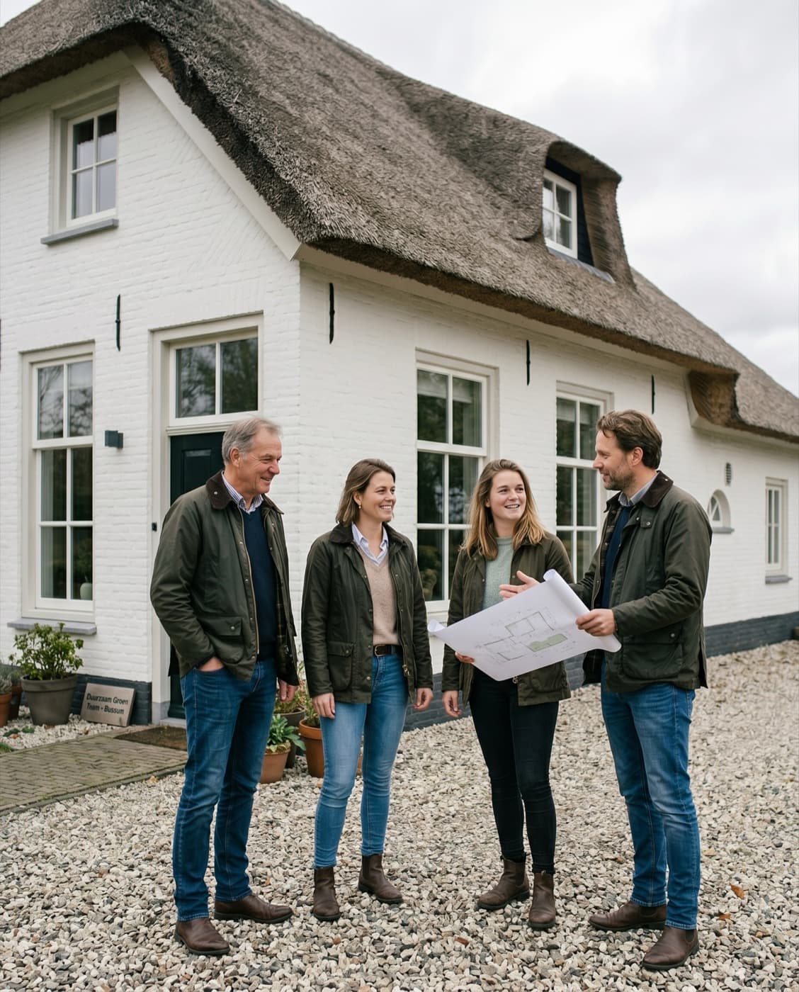 Adviseurs van Nationaal Woon Advies bespreken plannen met bewoners voor hun boerderij