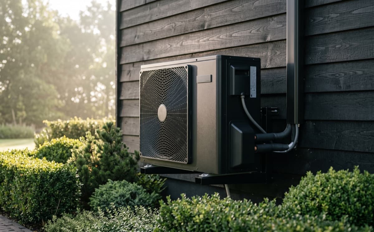 Buitenunit van een warmtepomp naast een houten woning